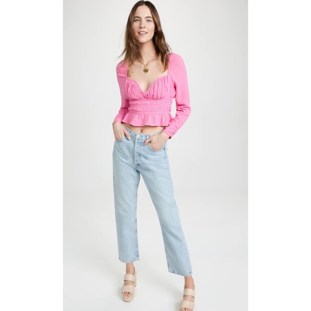 Free People Women’s Top Chloe Aurora Pink Smoked Tie Back Size M Long Sleeve